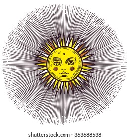 hand drawn engraved sun