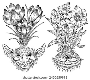 Hand drawn engraved vector set with funny demon or gnome faces as roots of beautiful spring flowers of Crocus and Narcissus isolated on white, garden fantasy line art illustration