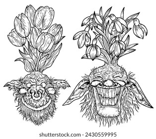 Conjunto de vector grabado dibujado a mano con caras divertidas de demonio o gnomo como raíces de hermosas flores de primavera de Galanthus y Tulipán aisladas en blanco, ilustración de arte de línea de fantasía de jardín