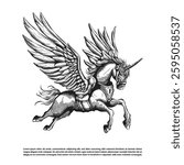 Hand drawn engraving armored pegasus vector, winged horse illustration