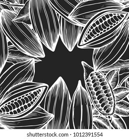 Hand drawn engraving Card design template with cocoa beans. Vintage vector illustration