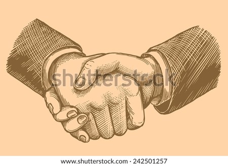 Hand drawn engraving " Cooperation. " isolated on color background .8 EPS 