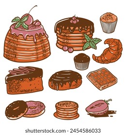 hand drawn engraving desserts set in many kinds of colorful bakery. Vector illustration food menu.