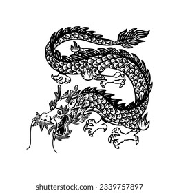 Hand drawn engraving dragon. Black and white traditional dragon. Zodiac sign, year of the Dragon.