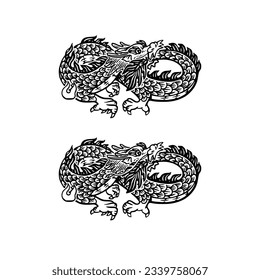 Hand drawn engraving dragon. Black and white traditional dragon. Zodiac sign, year of the Dragon.