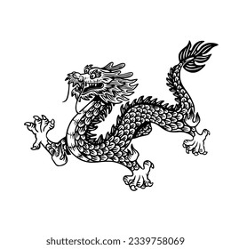 Hand drawn engraving dragon. Black and white traditional dragon. Zodiac sign, year of the Dragon.