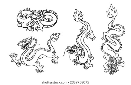 Hand drawn engraving dragon. Black and white traditional dragon. Zodiac sign, year of the Dragon.