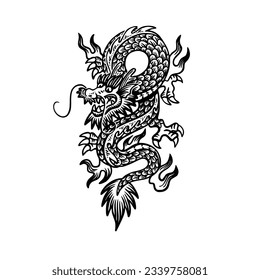 Hand drawn engraving dragon. Black and white traditional dragon. Zodiac sign, year of the Dragon.