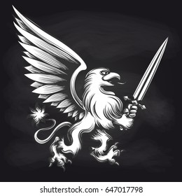 Hand drawn engraving griffin with sword isolated on chalkboard black and white sticker. Vector illustration