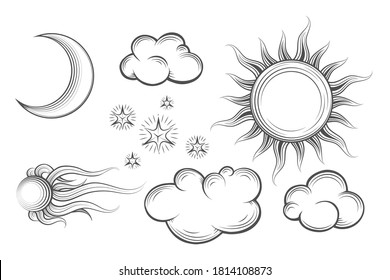 Dibujado a mano grabando el juego de los Cuerpos Celestiales. Sol, luna, cometa, estrellas y nubes. Ilustración vectorial.