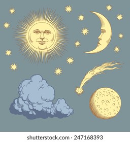 Hand drawn engraving " Heavenly bodies " isolated on color background .8 EPS