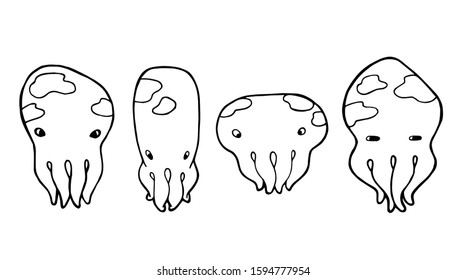 Hand drawn engraving octopus. Set of four octopuses of different shapes. Coloring page. Illustration for tattoos, children's books, cute print. Isolated on a white background. Vector drawing. Sea life