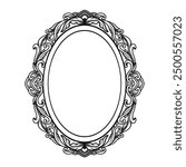 Hand drawn engraving oval border frame with baroque, arabesque, swirl, filigree ornament, vector design element. Template for invitation, scrapbook, wedding, greeting card.