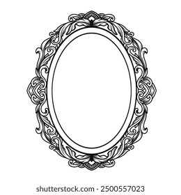 Hand drawn engraving oval border frame with baroque, arabesque, swirl, filigree ornament, vector design element. Template for invitation, scrapbook, wedding, greeting card.