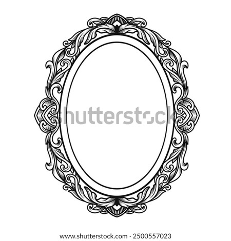 Hand drawn engraving oval border frame with baroque, arabesque, swirl, filigree ornament, vector design element. Template for invitation, scrapbook, wedding, greeting card.