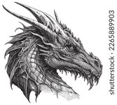 Hand Drawn Engraving Pen and Ink Dragon Head Vintage Vector Illustration
