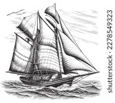 Hand Drawn Engraving Pen and Ink Sail Boat Vintage Vector Illustration
