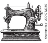 Hand Drawn Engraving Pen and Ink Sewing Machine Vintage Vector Illustration