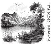 Hand Drawn Engraving Pen and Ink Lake Landscape Vintage Vector Illustration