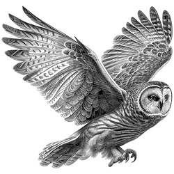 Hand Drawn Engraving Pen And Ink Owl Flying Vintage Vector Illustration