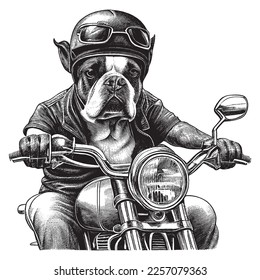 Hand Drawn Engraving Pen and Ink Dog Riding a Harley Davidson Vintage Vector Illustration