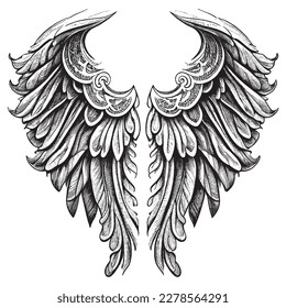 Hand Drawn Engraving Pen and Ink Wings Vintage Vector Illustration