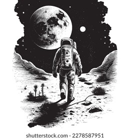 Hand Drawn Engraving Pen and Ink Astronaut Walking in the Moon Vintage Vector Illustration