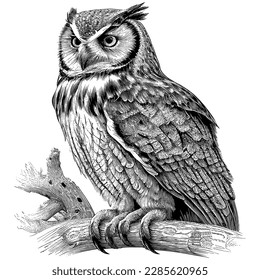 Hand Drawn Engraving Pen and Ink Owl Vintage Vector Illustration