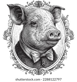Hand Drawn Engraving Pen and Ink Pig Portrait Dressed in Victorian Era Vintage Vintage Vector Illustration