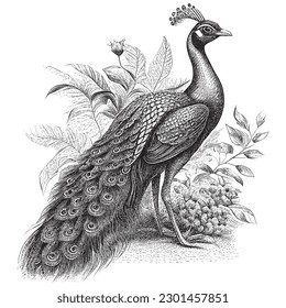 Hand Drawn Engraving Pen and Ink Peacock Vintage Vector Illustration