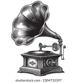 Hand Drawn Engraving Pen and Ink Gramophone Vintage Vector Illustration