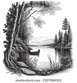 Hand Drawn Engraving Pen and Ink Lake Landscape Vintage Vector Illustration