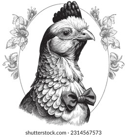 Hand Drawn Engraving Pen and Ink Chicken Portrait Dressed in Victorian Era Vintage Vintage Vector Illustration