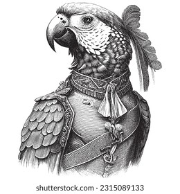 Hand Drawn Engraving Pen   Ink Parrot Portrait Dressed in Victorian Era Vintage Vintage Vector Illustration