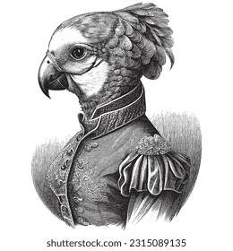 Hand Drawn Engraving Pen and Ink Parrot Portrait Dressed in Victorian Era Vintage Vintage Vector Illustration