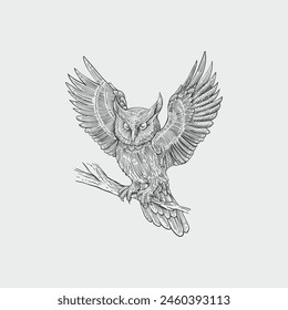 Hand Drawn Engraving Pen and Ink Owl Vintage Vector Illustration