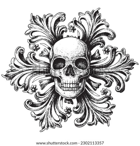 Hand Drawn Engraving Pen and Ink Human Skull with Leafs Vintage Vector Illustration