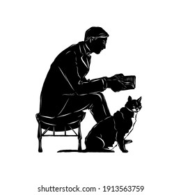 Hand drawn engraving of reading man with cat