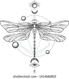 Hand drawn engraving Sketch of Dragonfly. Vector illustration for tattoo and handmade decorative brooch. Can be used for for postcard, t-shirt, fabric bag or poster. Insect collection.