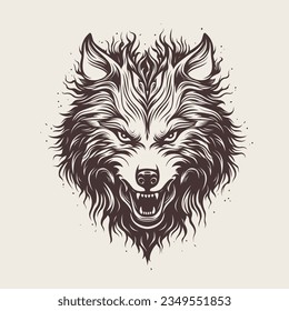 Hand drawn engraving style angry wolf head. Gothic beast tattoo design.