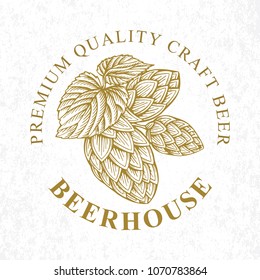Hand drawn engraving style branch of hops.
Hop sketch vector illustration. Hop emblem, or logo design element.
