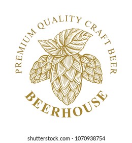 Hand drawn engraving style branch of hops.
Hop sketch vector illustration. Hop emblem, or logo design element.