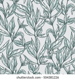 Hand drawn engraving style Green tea leaves Seamless pattern. Vintage blue leaf Vector illustration