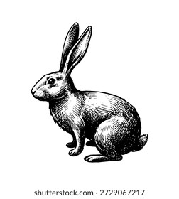Hand drawn engraving style hare illustration. Vintage rabbit black and white sketch. Wild rabbit sitting side view. Retro woodcut style animal vector illustration.