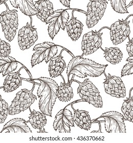 Hand drawn engraving style Hops Seamless pattern. Common hop or Humulus lupulus branch with leaves and cones. Black and white Vector Floral background 