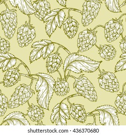 Hand drawn engraving style Hops Seamless pattern. Common hop or Humulus lupulus branch with leaves and cones. Vector Green Floral background 