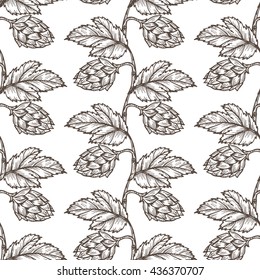 Hand drawn engraving style Hops Seamless pattern. Common hop or Humulus lupulus branch with leaves and cones. Black and white Vector Floral background 