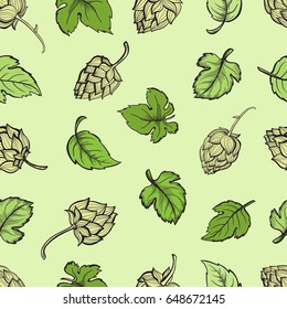 Hand drawn engraving style Hops Seamless pattern. Common hop or Humulus lupulus branch with leaves and cones. Black and white Vector Floral background