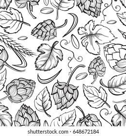Hand drawn engraving style Hops Seamless pattern. Common hop or Humulus lupulus branch with leaves and cones. Black and white Vector Floral background