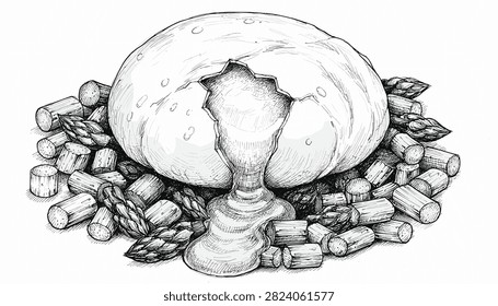 Hand drawn engraving style illustration of a cracked chicken egg spilling over a pile of chopped fresh asparagus.